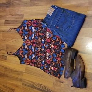H&M Black Orange Blue Pink Floral Print Tank size 8